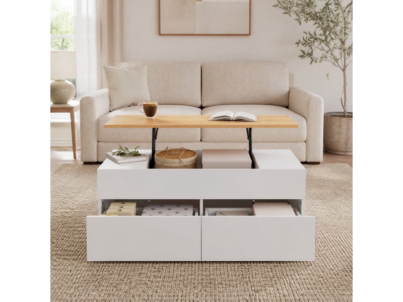  Table basse relevable 100x50x40 cm avec 2 tiroirs en panneaux de particules blanc  - Conforama D