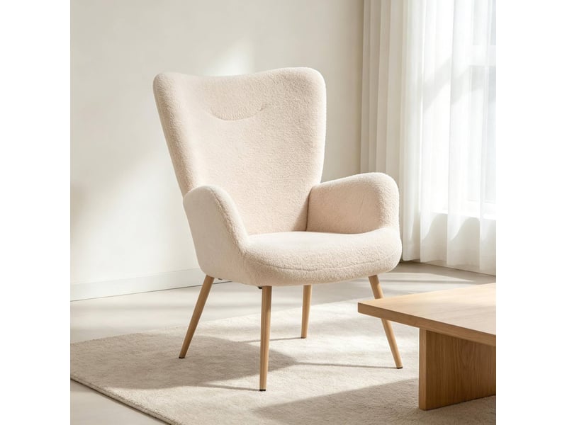  Fauteuil à dossier haut avec accoudoirs intégrés pour salon, chambre ou coin lecture en polyester beige  - Conforama E