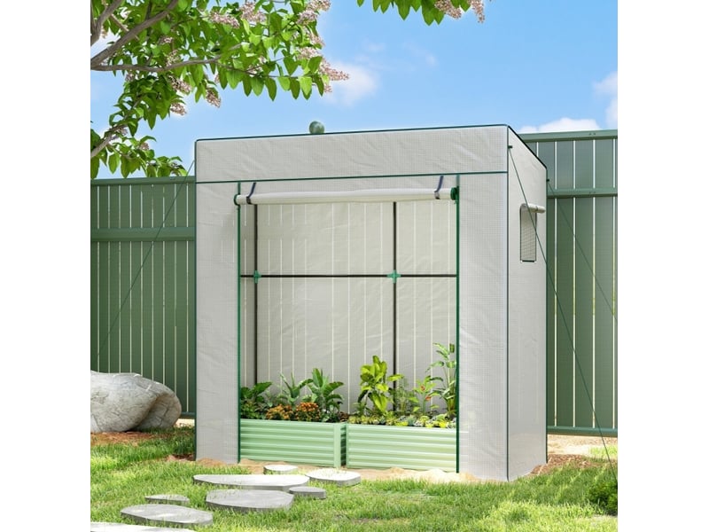  Serre de jardin 196 x 77 x 197 cm – blanche – toit incliné, fenêtres moustiquaires et porte enroulable  - Conforama B