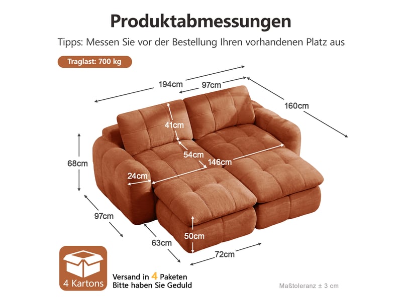  Canapé panoramique modulable 2 places en chenille orange – 194 x 160 x 68 cm Fay Lum - Conforama C