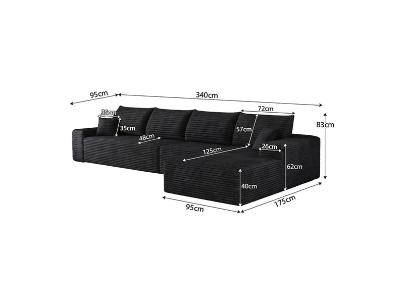 Canapé d'angle modulable 340 cm avec méridienne en l - 4 places noir - sans montage  - Conforama C