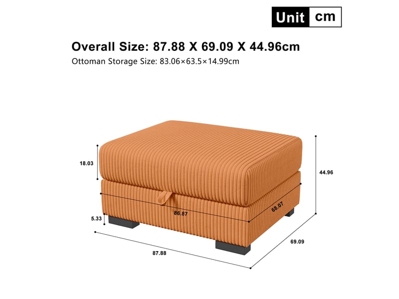  Pouf repose-pieds rectangulaire - 88x69x45cm - ottoman en velours côtelé avec coffre de rangement - orange  - Conforama E