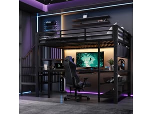 Lit mezzanine gaming 120x200 cm en métal avec bureau en u, led, prise eu, étagères et escalier avec rangements - noir