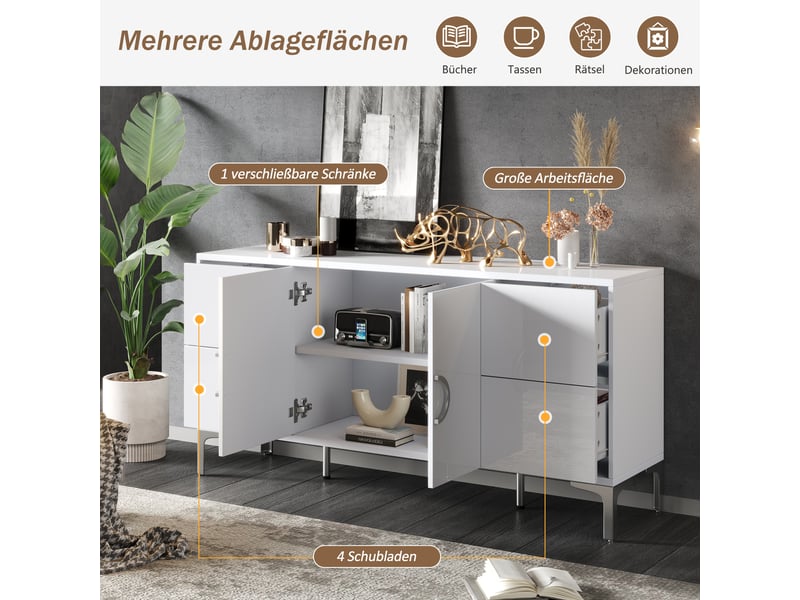  Buffet blanc brillant 150 cm en mdf, 4 tiroirs sans poignées, 2 portes et pieds en métal, meuble bas pour salon et salle à manger  - Conforama E