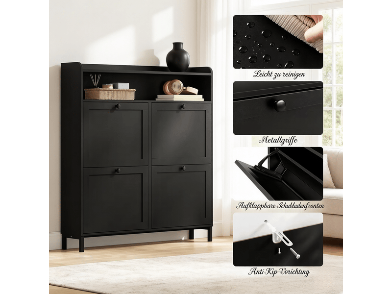  Meuble à chaussures 4 abattants gain de place - lpospi - pieds métal, panneaux mélaminés noir 100 × 19,5 × 107 cm  - Conforama E