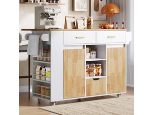 Îlot de cuisine mobile 120x45(71) cm avec plateau rabattable, rangement, 3 tiroirs, étagères épices, porte-serviettes, roulettes - blanc et bois