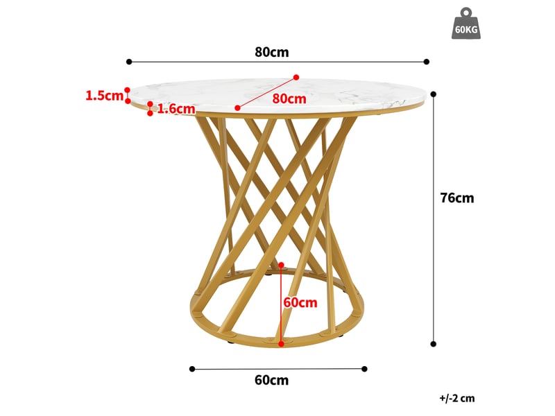  Table ronde design ø 80 cm, effet marbre, pieds en métal doré, plateau mdf, blanc élégant  - Conforama C