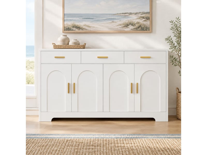 Buffet 4 portes avec 3 tiroirs et étagères réglables - lpospi - poignées dorées mdf blanc 140 × 40 × 83 cm - Conforama C
