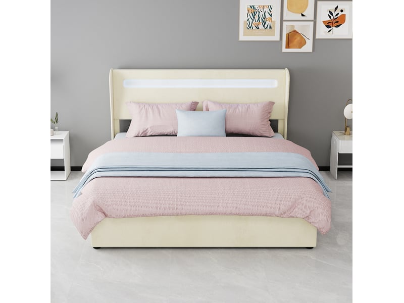  Lit coffre 2 places 160x200 cm avec rangement, led et matelas inclus beige  - Conforama E