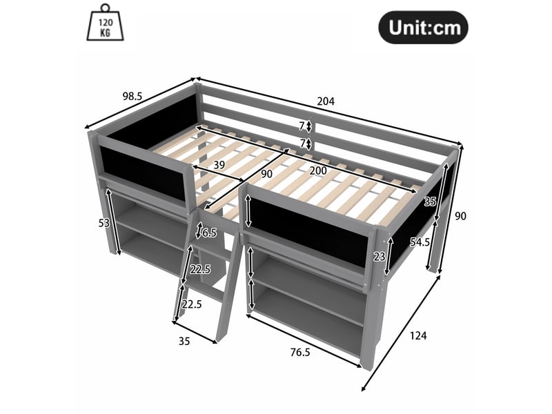  Lit surélevé 90x200 cm avec rangements, barrière et échelle de sécurité, style minimaliste, bois mdf, gris, sans matelas  - Conforama C