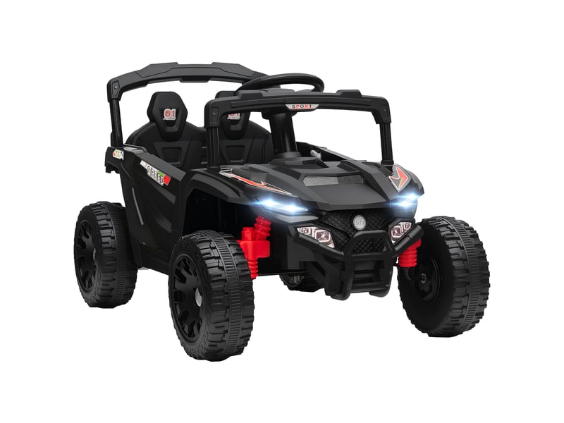 Voiture électrique 12 v pour enfants avec 2 moteurs, télécommande 2,4 ghz, suspension arrière, phares et musique - noire - Conforama A