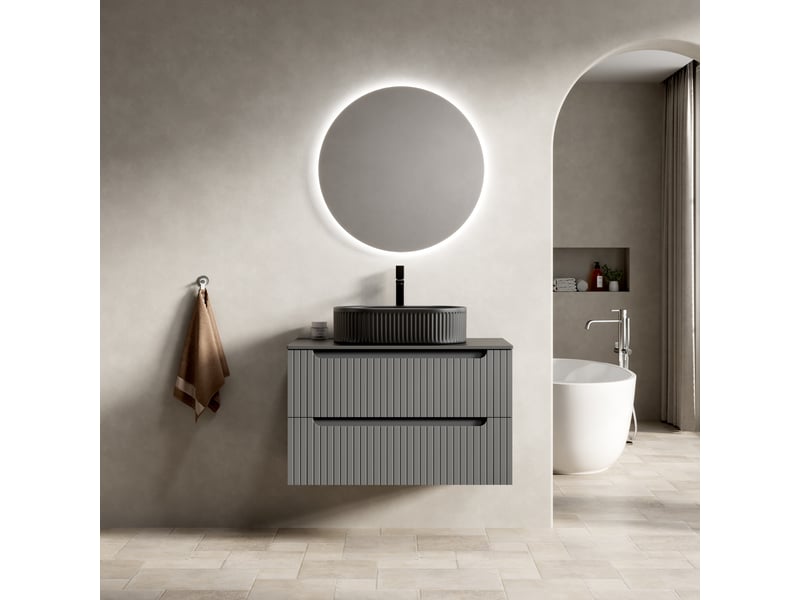  Meuble sous vasque suspendu avec 2 tiroirs, vasque ovale en céramique et plateau en pierre frittée pour salle de bain 80×46×62,2 cm  - Conforama B