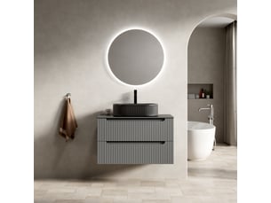Meuble sous vasque suspendu avec 2 tiroirs, vasque ovale en céramique et plateau en pierre frittée pour salle de bain 80×46×62,2 cm