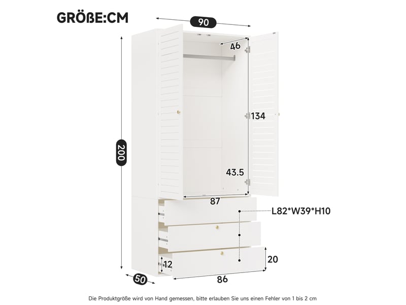  Armoire 2 portes 90x50x200 cm avec 3 tiroirs et penderie blanc  - Conforama C