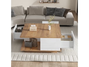 Table basse carrée 70x70 cm avec 3 tiroirs et rangement ouvert, finition brillante, blanc et bois