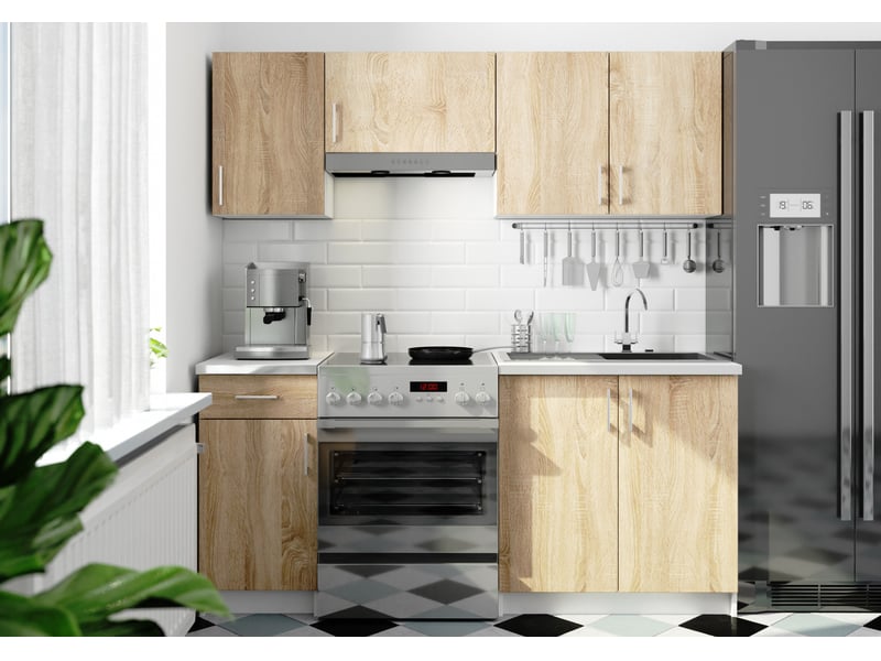  Ensemble de cuisine akord lima 1.8m blanc 180 cm 7 portes 1 tiroir façade chêne sonoma 8 étagères 180x44,5x203 cm LIMA 1.8m - Conforama E
