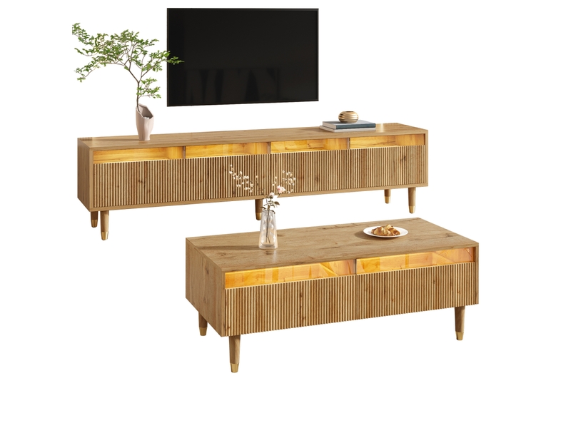  Ensemble meuble tv et table basse avec led en mdf, finition bois et doré  - Conforama A