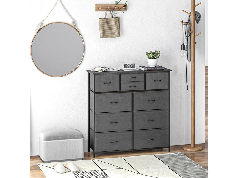 Commode de rangement avec 10 tiroirs pliables en tissu, structure en acier et pieds réglables pour chambre, noir - Conforama B
