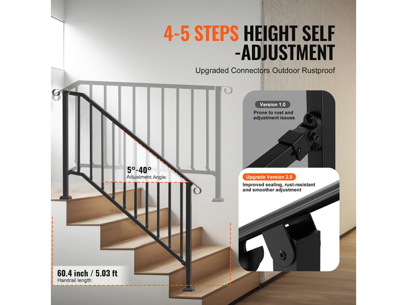 Vevor rampe deescalier pour 5 marches exterieures, main courante escalier en acier au carbone, avec kit deinstallation, pour personnes agees, marches en beton, porche, terrasse, arche retro noire  - Conforama C