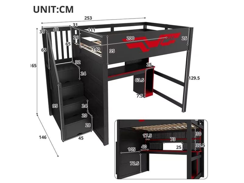  Lit mezzanine 140 × 200 cm 2 places avec bureau, led réglable, usb, 4 rangements et échelle, sans matelas, noir et rouge  - Conforama D