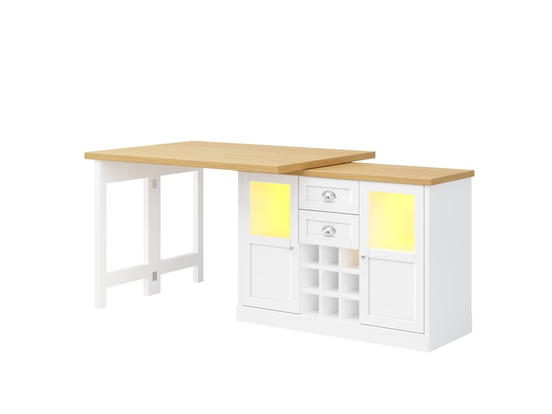  Table extensible 120-197x40x72 cm blanche en mdf et métal, pivotante 360°, avec rangements et cave à vin  - Conforama D