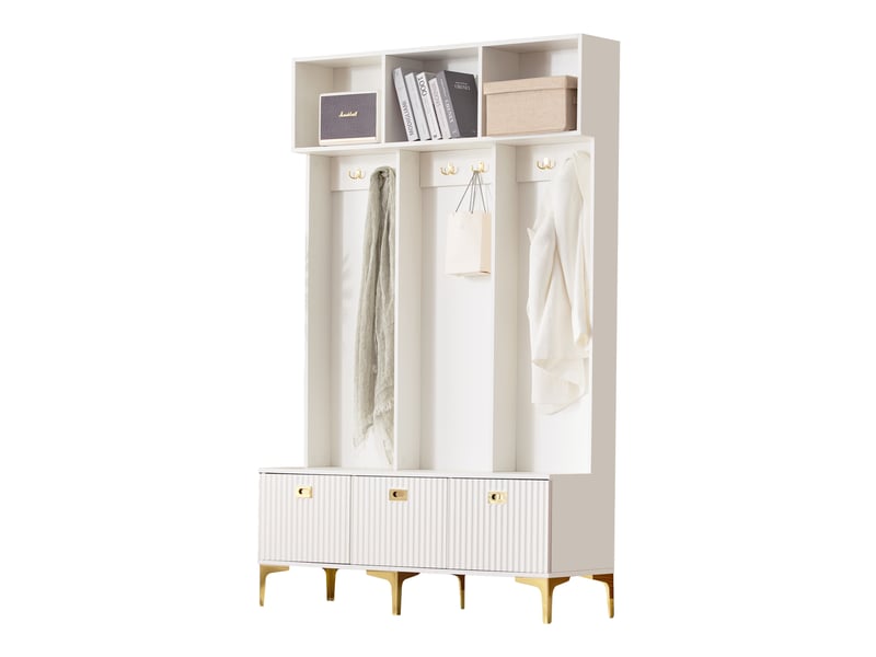  Portemanteau moderne avec banc intégré et 6 patères dorées - meuble d’entrée multifonction avec rangement pratique - blanc - 120x40x191 cm  - Conforama A