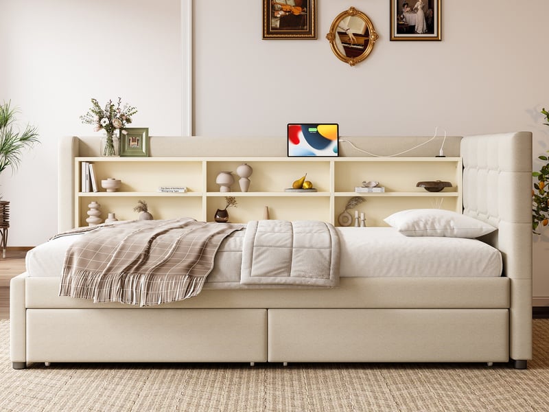 Lit de repos, 90 x 200 cm, avec 2 tiroirs, multiples espaces de rangement, sommier à lattes, revêtement en lin, beige  - Conforama B