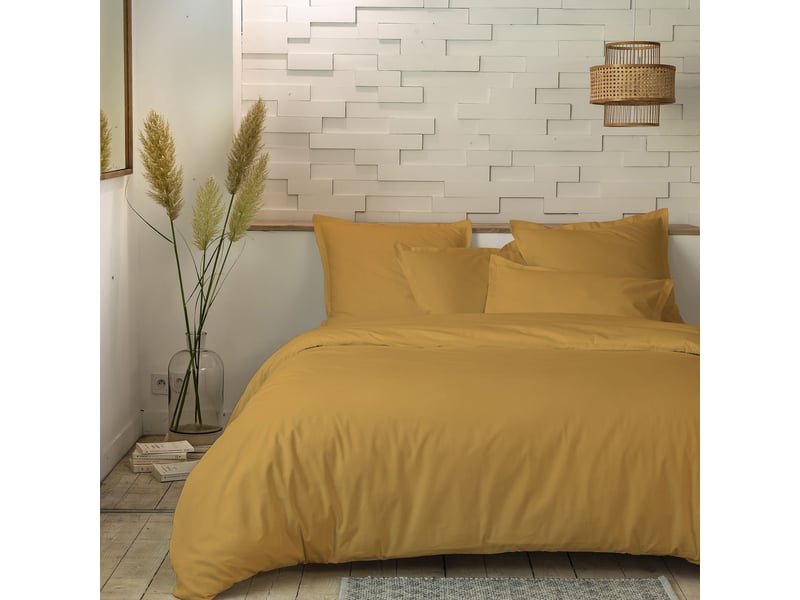  Drap housse 140x190+30 cm percale de coton jaune moutarde PD25588 - Conforama D