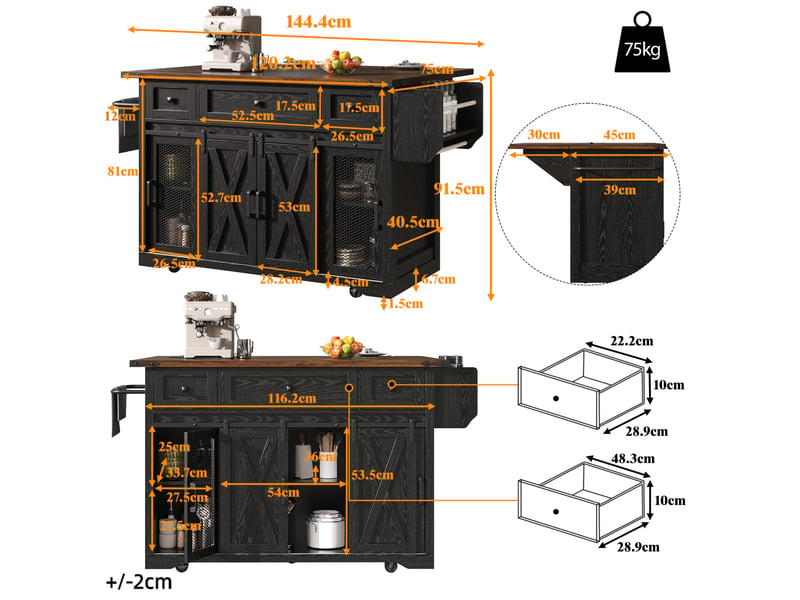 Îlot de cuisine mobile 120x45-75x91 cm avec plateau extensible, tiroirs et étagères, prise, pour cuisine, en mdf, noir - Conforama C