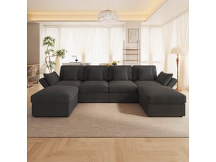 Canapé d’angle modulable en u 4-6 places 290 cm avec 2 poufs, accoudoirs réglables, tissu côtelé, gris