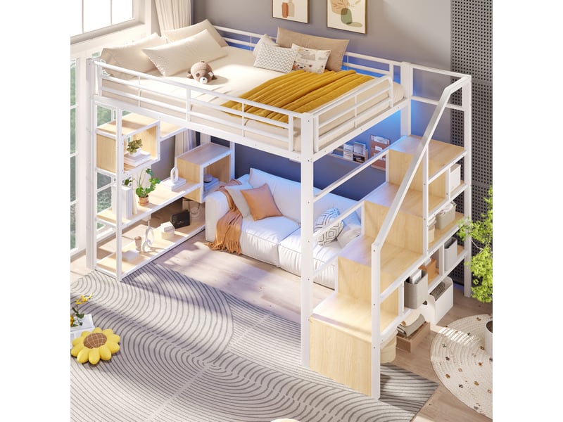  Lit mezzanine 140x200 cm, rangements, escalier, garde-corps, led, métal mdf, blanc, sans matelas  - Conforama D