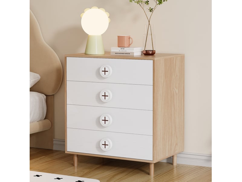 Commode 4 tiroirs, meuble de rangement pour chambre et chambre d’enfant, blanc et naturel, 80 x 54 x 90 cm - Conforama D