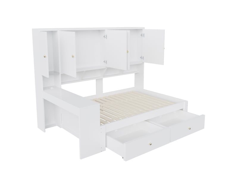  Lit enfant 90x200 cm avec bureau, rangements, 2 tiroirs, led et prises, coloris blanc, sans matelas  - Conforama D