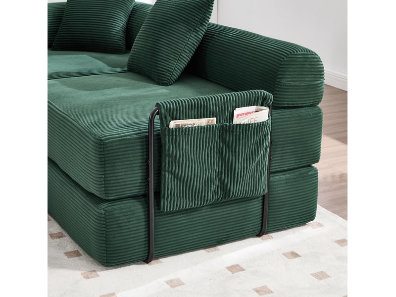 Canapé d'angle 4 places modulaire en velours côtelé vert émeraude avec poche latérale, idéal pour votre salon - Conforama D