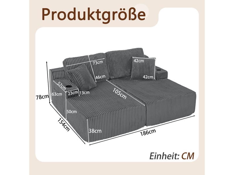  Canapé relax 2 places, canapé lounge, 186x154x78 cm, canapé compressé sans cadre, porte-gobelet, poche latérale, coussins, velours côtelé gris  - Conforama C