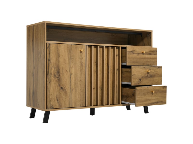  Buffet bahut 120x40x85 cm, commode effet chêne foncé avec 3 tiroirs, 2 portes, niche ouverte, façade à lattes - chêne foncé  - Conforama D