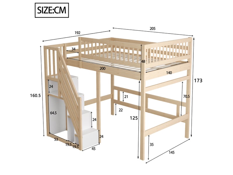  Lit mezzanine 140x200 en bois massif, lit enfant avec escalier de rangement, barrière haute, lit adolescent couleur bois naturel.  - Conforama R