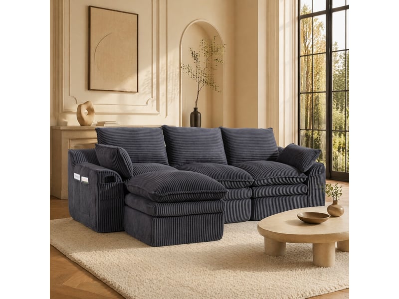  Canapé 3 places modulaire avec pouf en velours côtelé gris foncé  - Conforama B