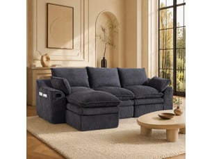 Canapé 3 places modulaire avec pouf en velours côtelé gris foncé