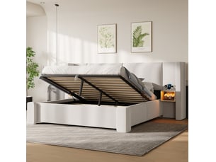Lit coffre 180 × 200 cm 2 places, rangement hydraulique, éclairage led, tables de chevet et sans matelas, beige