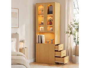 Bibliothèque haute 60x40x200 cm, led, vitrine en verre trempé, tiroirs latéraux, meuble salon et bureau, mdf, chêne