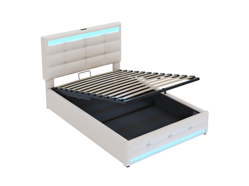  Lit coffre 90x200cm design moderne rembourré led rgb bande lumineuse tête réglable ports usb tissu beige sans matelas  - Conforama E