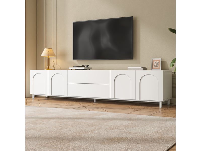 Meuble tv 180x40x48 cm - meuble bas avec 4 portes cintrées, 2 tiroirs, pieds en tube d’acier, structure en panneau de particules et mdf - Conforama D