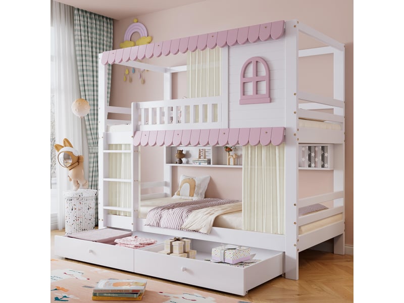  Lit superposé 90x200 cm, lit enfant avec fenêtres et rideaux de jeu, en bois de pin et mdf avec 2 tiroirs de rangement et étagères, blanc et rose  - Conforama B