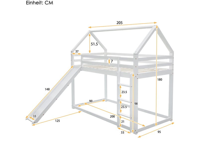  Lit superposé enfant cabane 90x200 cm avec toboggan et échelle, blanc  - Conforama C
