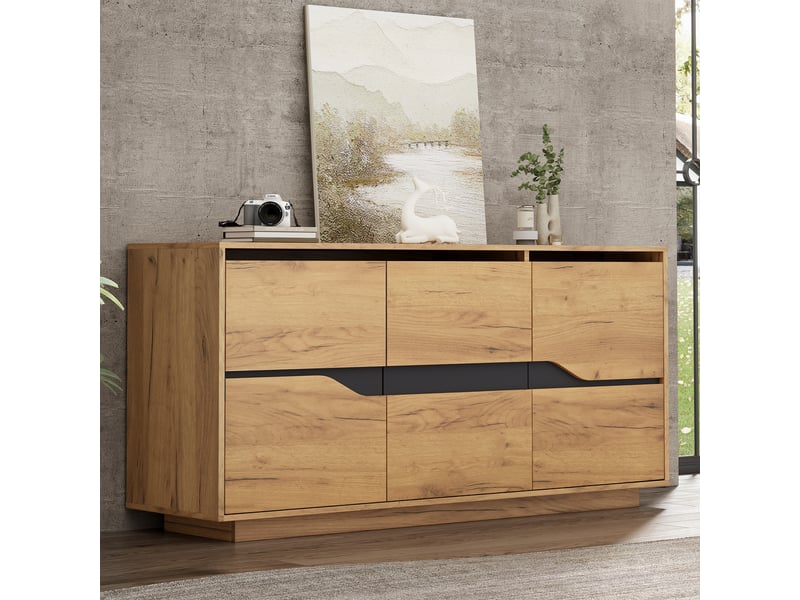  Buffet et enfilade avec 3 portes, 5 étagères réglables et fermeture douce pour salon, chêne, 140×40×70 cm  - Conforama B