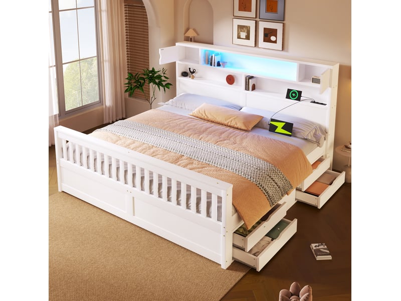  Lit plateforme 180 x 200 cm avec rangements, led, usb et 4 tiroirs blanc  - Conforama B