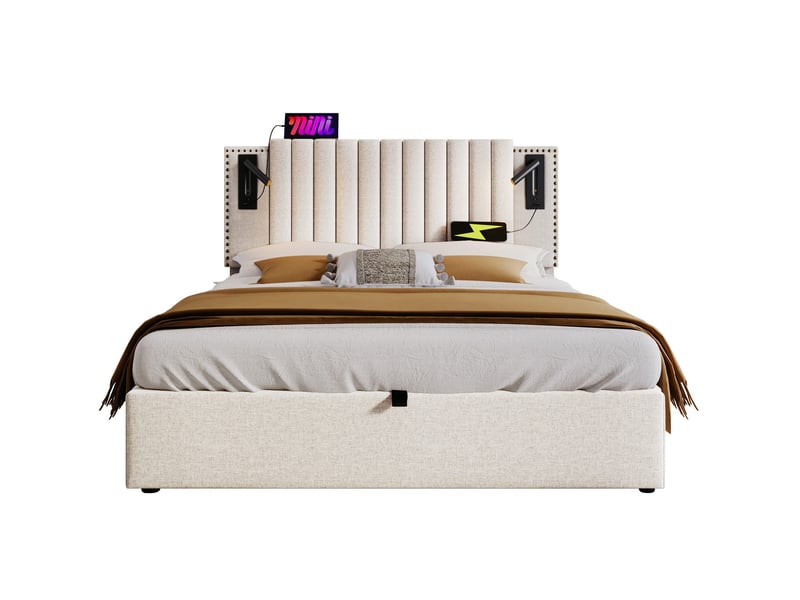  Lit double 140 x 200 cm avec rangement, tête de lit réglable, liseuses et ports usb, beige  - Conforama A