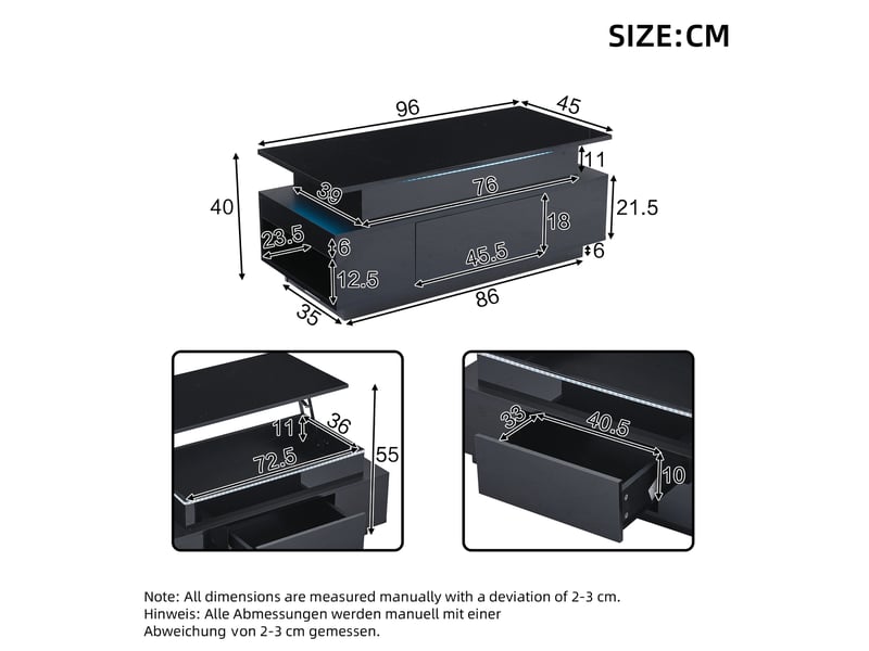  Table basse plateau relevable avec rangement caché et tiroir, table basse led noire, 96x45x40 cm, panneau de particules, noir  - Conforama C