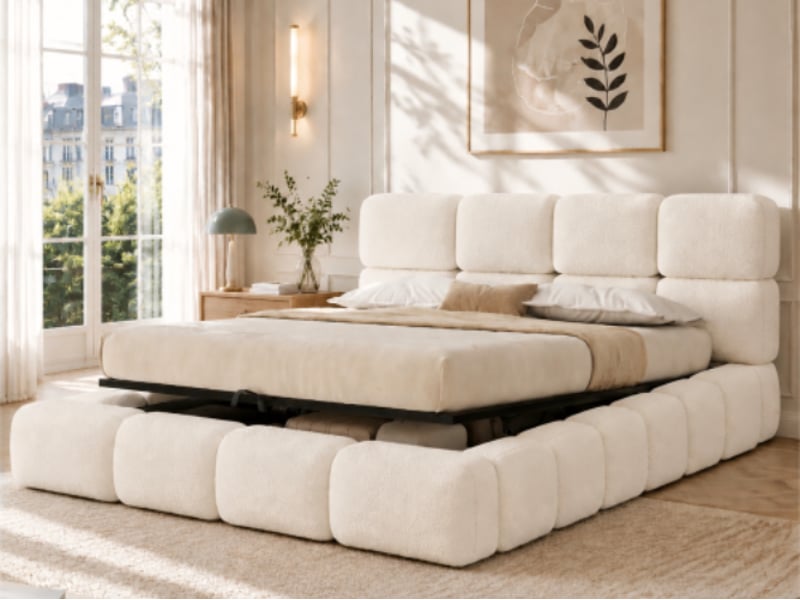  Lit coffre 180x200 cm, rangement hydraulique, tête rembourrée, sommier à lattes, design nuage, bouclette, blanc  - Conforama B